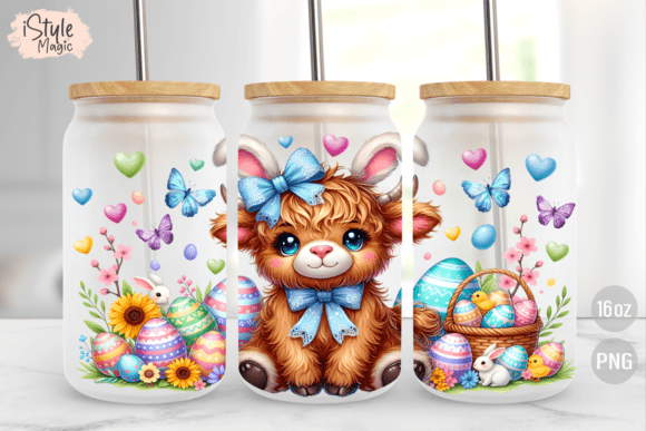 Easter Highland Cow 16 Oz Glass Can Wrap