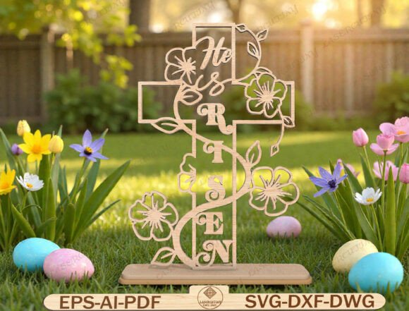 Floral Easter Cross Sign Laser Cut File for Graphic Templates
