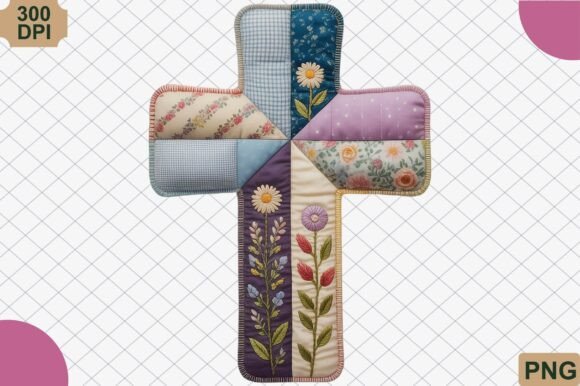 Vintage Patchwork Floral Cross Illustrations
